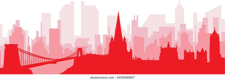 Red panoramic city skyline poster with reddish misty transparent background buildings of BRISTOL, UNITED KINGDOM