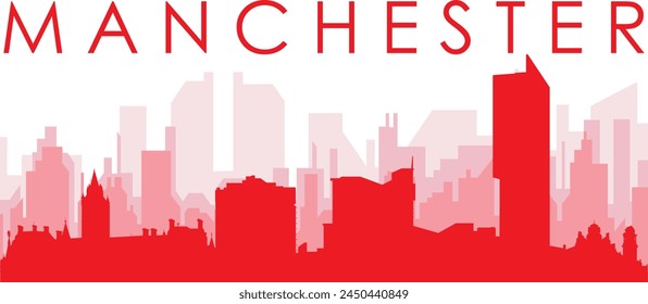 Afiche panorámico rojo del horizonte de la ciudad con los edificios rojizos del fondo transparente brumoso de MANCHESTER, REINO UNIDO