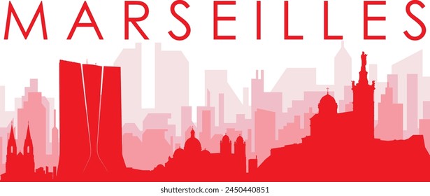 Póster panorámico de horizonte de la ciudad rojo con los edificios de fondo rojizos y brumosos transparentes de MARSELLA, FRANCIA