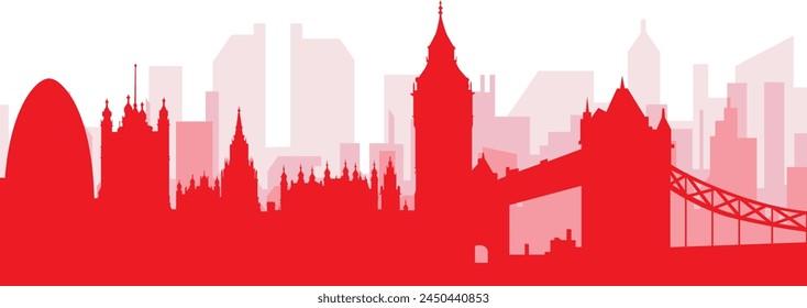 Red panoramic city skyline poster with reddish misty transparent background buildings of LONDON, UNITED KINGDOM