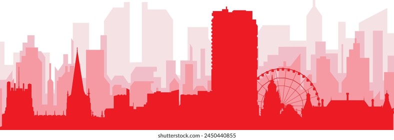 Red panoramic city skyline poster with reddish misty transparent background buildings of SHEFFIELD, UNITED KINGDOM