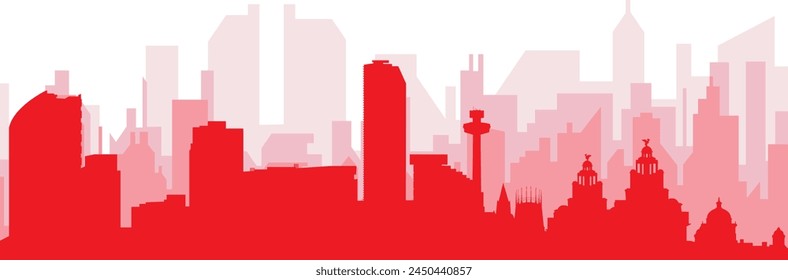 Red panoramic city skyline poster with reddish misty transparent background buildings of LIVERPOOL, UNITED KINGDOM