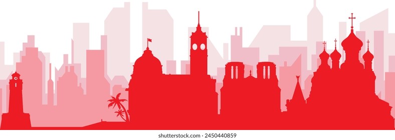 Red panoramic city skyline poster with reddish misty transparent background buildings of NICE, FRANCE