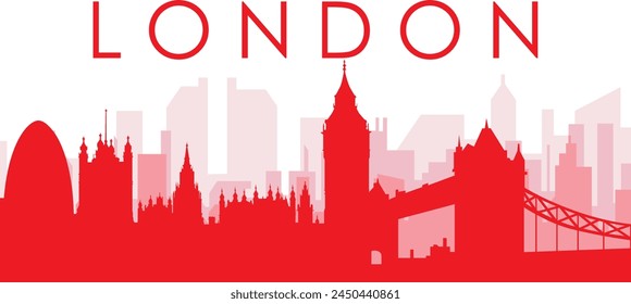 Red panoramic city skyline poster with reddish misty transparent background buildings of LONDON, UNITED KINGDOM