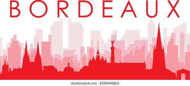 Red panoramic city skyline poster with reddish misty transparent background buildings of BORDEAUX, FRANCE