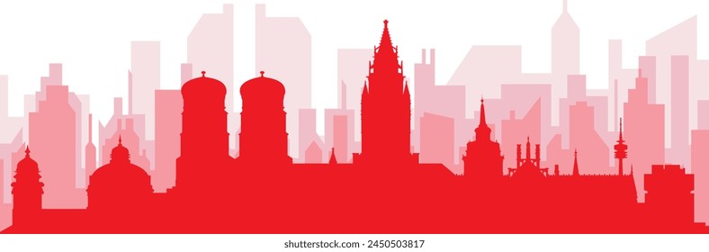 Póster panorámico de horizonte de la ciudad rojo con edificios de fondo rojizos y brumosos transparentes de MÚNICH, ALEMANIA