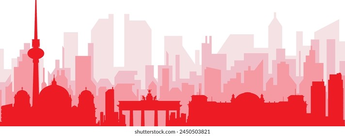 Red panoramic city skyline poster with reddish misty transparent background buildings of BERLIN, GERMANY