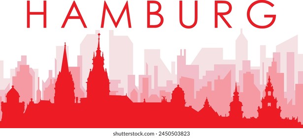 Afiche panorámico de la ciudad rojo con los edificios rojizos del fondo transparente de la niebla de HAMBURGO, ALEMANIA