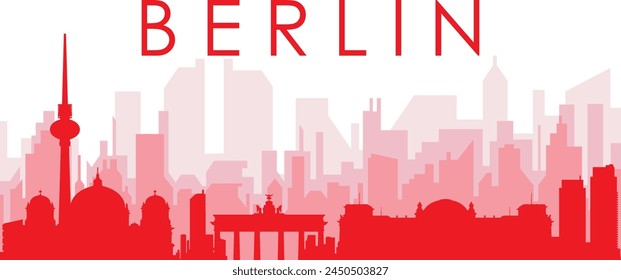 Red panoramic city skyline poster with reddish misty transparent background buildings of BERLIN, GERMANY