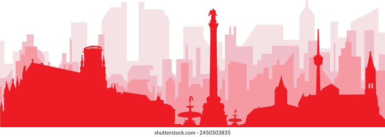 Red panoramic city skyline poster with reddish misty transparent background buildings of STUTTGART, GERMANY