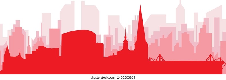 Red panoramic city skyline poster with reddish misty transparent background buildings of DORTMUND, GERMANY