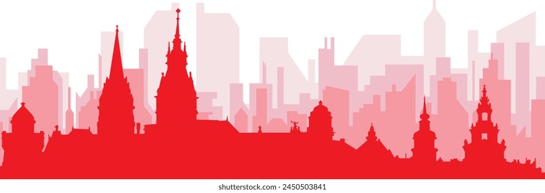 Red panoramic city skyline poster with reddish misty transparent background buildings of HAMBURG, GERMANY