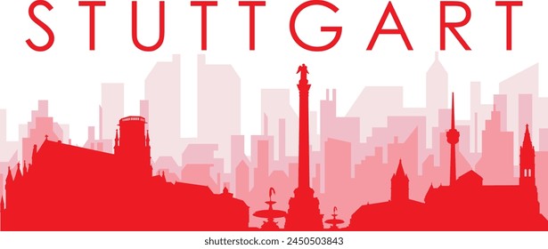 Red panoramic city skyline poster with reddish misty transparent background buildings of STUTTGART, GERMANY