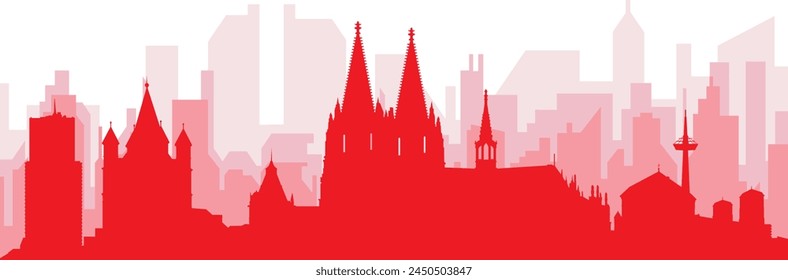 Red panoramic city skyline poster with reddish misty transparent background buildings of COLOGNE, GERMANY