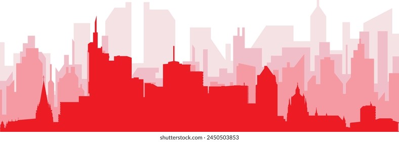 Red panoramic city skyline poster with reddish misty transparent background buildings of FRANKFURT, GERMANY