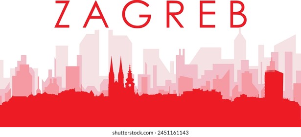 Afiche panorámico rojo del horizonte de la ciudad con los edificios rojizos del fondo transparente de la niebla de ZAGREB, CROACIA