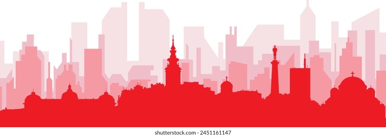 Red panoramic city skyline poster with reddish misty transparent background buildings of BELGRADE, SERBIA