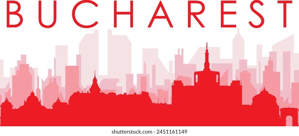 Red panoramic city skyline poster with reddish misty transparent background buildings of BUCHAREST, ROMANIA