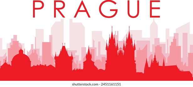 Afiche panorámico rojo del horizonte de la ciudad con los edificios rojizos brumosos transparentes del fondo de PRAGA, REPÚBLICA CHECA