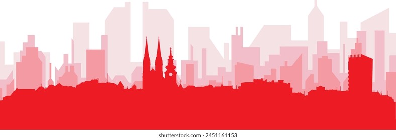 Red panoramic city skyline poster with reddish misty transparent background buildings of ZAGREB, CROATIA