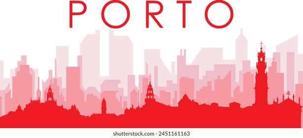 Afiche panorámico de la ciudad rojo con el fondo rojizo brumoso transparente de los edificios de OPORTO, PORTUGAL