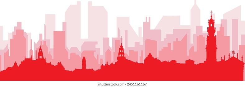 Red panoramic city skyline poster with reddish misty transparent background buildings of PORTO, PORTUGAL