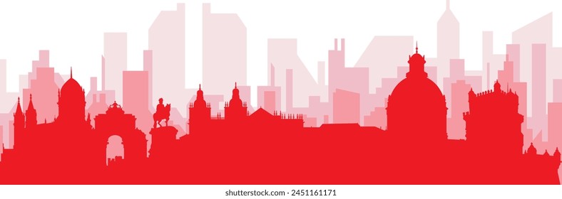 Red panoramic city skyline poster with reddish misty transparent background buildings of LISBON, PORTUGAL