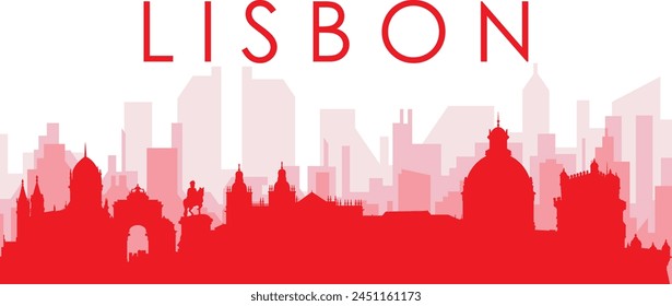 Red panoramic city skyline poster with reddish misty transparent background buildings of LISBON, PORTUGAL