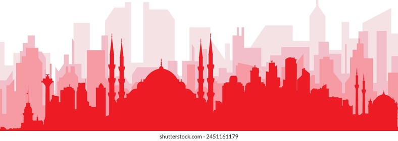 Red panoramic city skyline poster with reddish misty transparent background buildings of ISTANBUL, TURKEY