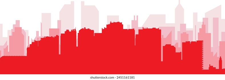 Red panoramic city skyline poster with reddish misty transparent background buildings of MALAGA, SPAIN