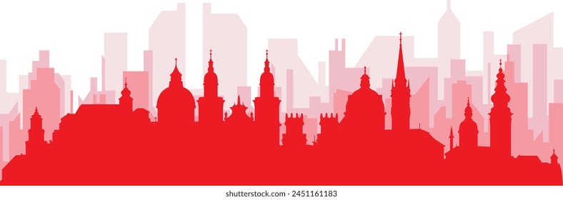 Red panoramic city skyline poster with reddish misty transparent background buildings of SALZBURG, AUSTRIA