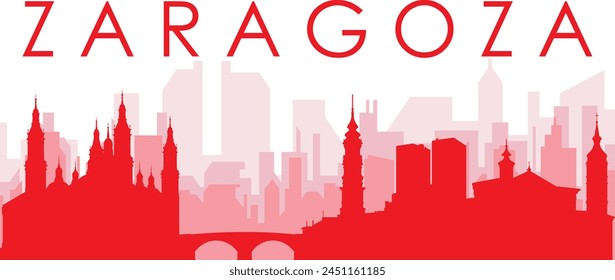 Afiche panorámico de la ciudad rojo con el fondo rojizo brumoso transparente edificios de ZARAGOZA, ESPAÑA