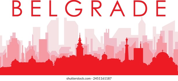 Red panoramic city skyline poster with reddish misty transparent background buildings of BELGRADE, SERBIA