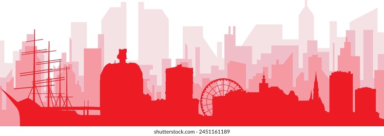 Red panoramic city skyline poster with reddish misty transparent background buildings of GOTHENBURG, SWEDEN