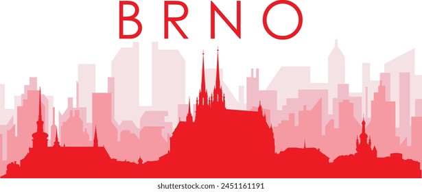 Afiche panorámico rojo del horizonte de la ciudad con los edificios rojizos del fondo transparente brumoso de BRNO, REPÚBLICA CHECA