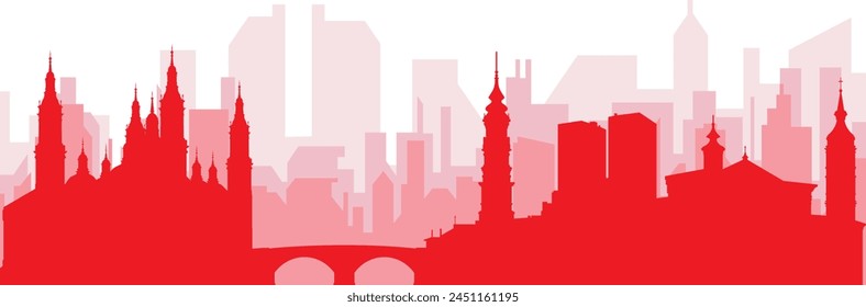 Red panoramic city skyline poster with reddish misty transparent background buildings of ZARAGOZA, SPAIN