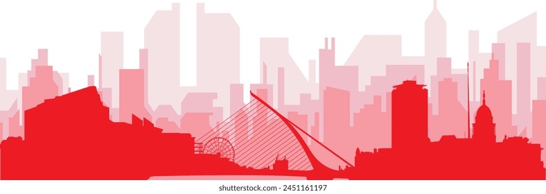 Red panoramic city skyline poster with reddish misty transparent background buildings of DUBLIN, IRELAND