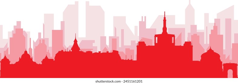 Red panoramic city skyline poster with reddish misty transparent background buildings of BUCHAREST, ROMANIA