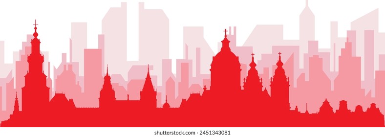 Red panoramic city skyline poster with reddish misty transparent background buildings of AMSTERDAM, NETHERLANDS