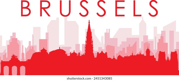 Póster panorámico de horizonte de la ciudad rojo con los edificios de fondo rojizos brumosos transparentes de BRUSELAS, BÉLGICA