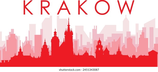 Red panoramic city skyline poster with reddish misty transparent background buildings of KRAKOW, POLAND