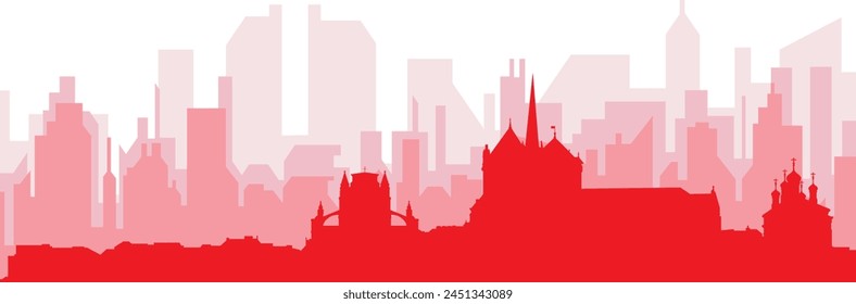 Red panoramic city skyline poster with reddish misty transparent background buildings of GENEVA, SWITZERLAND