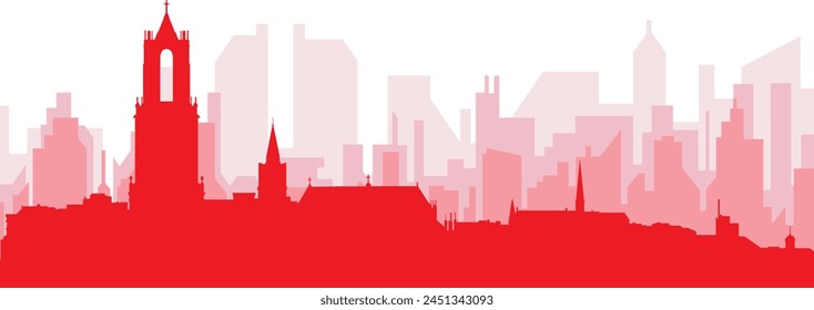 Red panoramic city skyline poster with reddish misty transparent background buildings of UTRECHT, NETHERLANDS