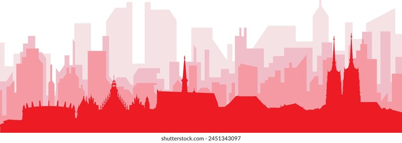 Red panoramic city skyline poster with reddish misty transparent background buildings of WROCLAW, POLAND