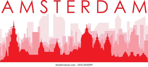 Afiche panorámico de la ciudad rojo con los edificios rojizos del fondo transparente de la niebla de AMSTERDAM, PAÍSES BAJOS