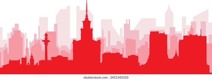 Red panoramic city skyline poster with reddish misty transparent background buildings of WARSAW, POLAND