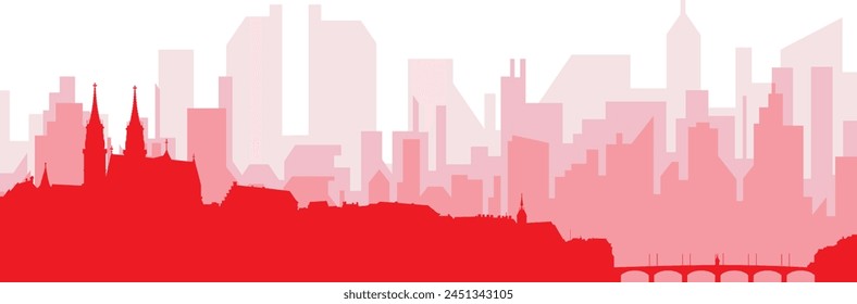 Red panoramic city skyline poster with reddish misty transparent background buildings of BASEL, SWITZERLAND