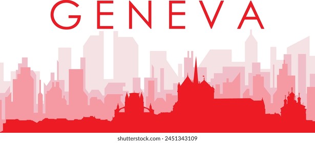 Afiche panorámico rojo del horizonte de la ciudad con los edificios rojizos del fondo transparente brumoso de GINEBRA, SUIZA