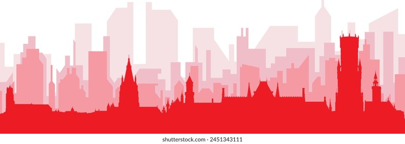 Red panoramic city skyline poster with reddish misty transparent background buildings of BRUGES, BELGIUM