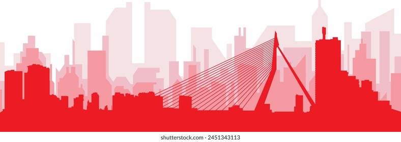 Red panoramic city skyline poster with reddish misty transparent background buildings of ROTTERDAM, NETHERLANDS